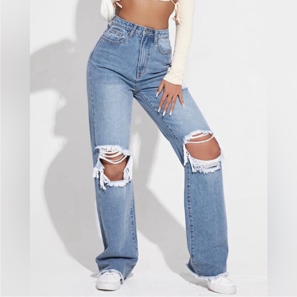 Blue Ripped Cutout High Waisted Wide Leg Jeans - Picture 1 of 4